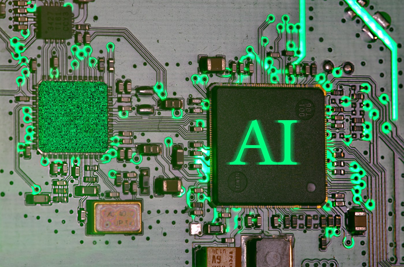 Leuchtender Chip mit den Buchstaben AI auf einer grünen Platine